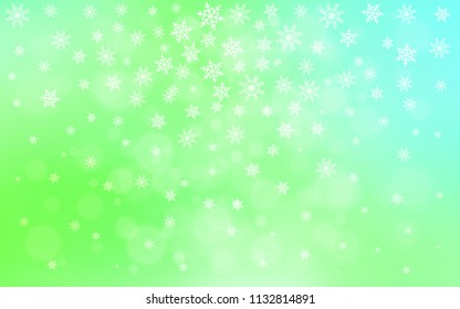 Light Green vector layout with bright snowflakes. Snow on blurred abstract background with gradient. The pattern can be used for new year ad, booklets.