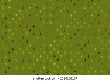 Light green vector layout with elements of cards. Shining illustration with hearts, spades, clubs, diamonds. Pattern for ads of parties, events in Vegas.
