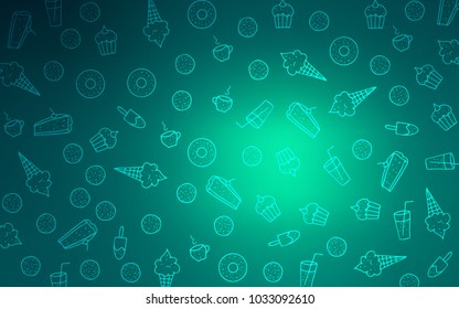 Light Green vector layout with sweet desserts. Blurred decorative design of desserts in doodle style. Template of children's food in cafe.