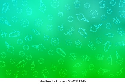 Light Green vector layout with sweet desserts. Beautiful colored illustration with candies in doodle style. Design for ad, poster, banner of cafes or restaurants.