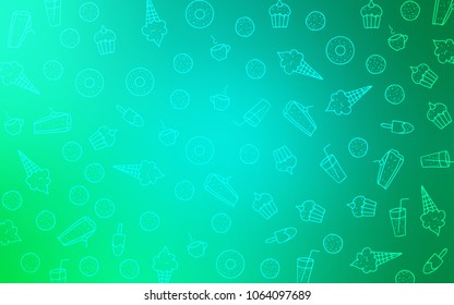 Light Green vector layout with sweet desserts. Glitter abstract sketch with sweets, candies, desserts. Pattern for ads of breakfast, lunch, dinner.