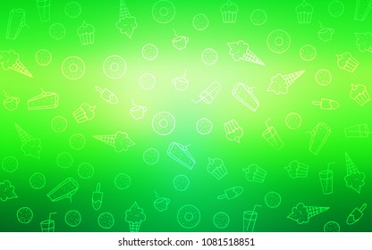 Light Green vector layout with sweet desserts. Beautiful colored illustration with candies in doodle style. Pattern for ads of breakfast, lunch, dinner.