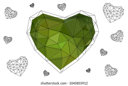Light Green vector love background with heart. Paper note. Valentine's greeting polygonal card. Triangular illustration for your business. Stock template for your design.