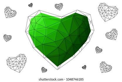 Light Green vector love background with heart. Paper note. Valentine's greeting polygonal card. Triangular illustration for your business. Stock template for your design.