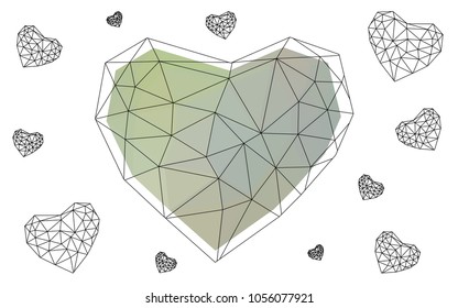Light Green vector love background with heart. Paper note. Valentine's greeting polygonal card. Triangular illustration for your business. Stock template for your design.