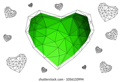 Light Green vector love background with heart. Paper note. Valentine's greeting polygonal card. Triangular illustration for your business. Stock template for your design.