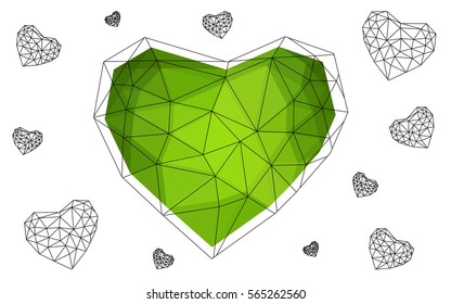 Light Green vector love background with heart. Paper note. Valentine's greeting polygonal card. Triangular illustration for your business. Stock template for your design.