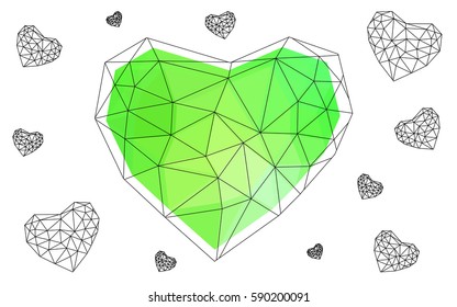Light Green vector love background with heart. Paper note. Valentine's greeting polygonal card. Triangular illustration for your business. Stock template for your design.