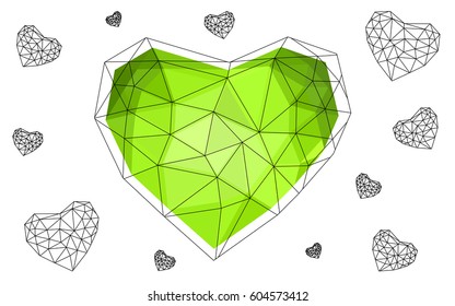 Light green vector love background with heart. Paper note. Valentine's greeting polygonal card. Triangular illustration for your business. Stock template for your design.