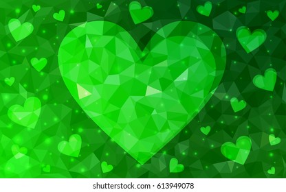 Light Green vector love background with heart. Paper note. Valentine's greeting polygonal card. Triangular illustration for your business. Stock template for your design.