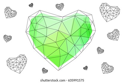 Light Green vector love background with heart. Paper note. Valentine's greeting polygonal card. Triangular illustration for your business. Stock template for your design.