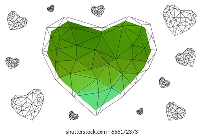 Light Green vector love background with heart. Paper note. Valentine's greeting polygonal card. Triangular illustration for your business. Stock template for your design.