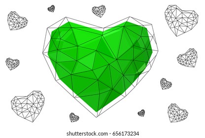 Light Green vector love background with heart. Paper note. Valentine's greeting polygonal card. Triangular illustration for your business. Stock template for your design.