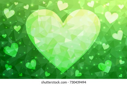 Light Green vector love background with heart. Paper note. Valentine's greeting polygonal card. Triangular illustration for your business. Stock template for your design.