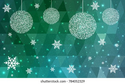 Light Green vector low poly crystal background with snowflakes. Polygon christmas design pattern . Low poly illustration of New Year celebration.