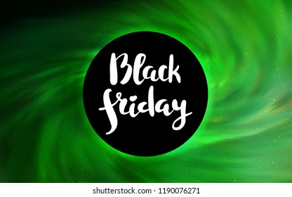 Light Green vector pattern with a black hole, stars. Abstract illustration with glitter colorful cosmic stars. Backdrop for Black Friday promotions.