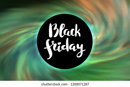 Light Green vector pattern with a black hole, stars. Illustration with colorful milky way stars and a black hole. Backdrop for ads, leaflets of Black Friday.
