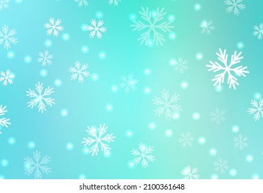 Patrón vectorial verde claro con copos de nieve navideños, estrellas. Ilustración abstracta brillante con formas de hielo de cristal degradado. Diseño para el anuncio de Año Nuevo, folletos.