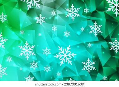 Patrón vectorial verde claro con copos de nieve navideños, estrellas. Decoración colorida en estilo navideño con nieve. Diseño de afiches y pancartas de Año Nuevo.