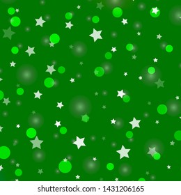 Light Green vector pattern with circles, stars. Glitter abstract illustration with colorful drops, stars. Design for textile, fabric, wallpapers.