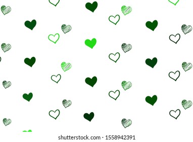 Light Green vector pattern with colorful hearts. Blurred decorative design in doodle style with hearts. Pattern for valentine's ad, booklets.