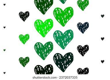 Light Green vector pattern with colorful hearts. Illustration with shapes of gradient hearts on blur backdrop. Design for a business advert of anniversary.