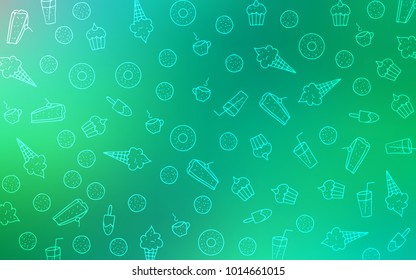 Light Green vector pattern with delicious cookies. Glitter abstract sketch with sweets, candies, desserts. Design for ad, poster, banner of cafes or restaurants.