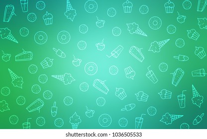 Light Green vector pattern with delicious cookies. Decorative shining illustration with sweets on abstract template. Pattern for ads of breakfast, lunch, dinner.