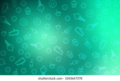 Light Green vector pattern with delicious cookies. Illustration with set of sweet food in doodle style. Pattern for ads of breakfast, lunch, dinner.
