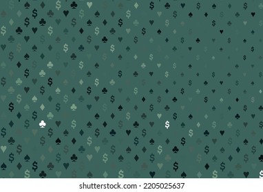 Light green vector pattern with symbol of cards. Glitter abstract sketch with isolated symbols of playing cards. Design for ad, poster, banner of gambling websites.