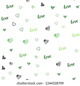 Light Green vector seamless backdrop with phrase LOVE YOU, hearts. Design in doodle style with text LOVE YOU, hearts. Template for business cards, websites.