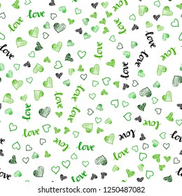 Light Green vector seamless backdrop with phrase LOVE YOU, hearts. Illustration with phrase LOVE YOU, hearts for valentine's day. Pattern for design of fabric, wallpapers.