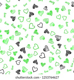 Light Green vector seamless backdrop with phrase LOVE YOU, hearts. Design in doodle style with text LOVE YOU, hearts. Design for wallpaper, fabric makers.