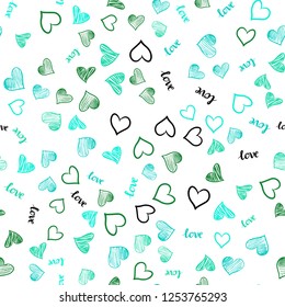 Light Green vector seamless backdrop with phrase LOVE YOU, hearts. Design in doodle style with text LOVE YOU, hearts. Design for textile, fabric, wallpapers.