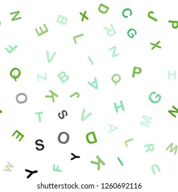 Light Green vector seamless backdrop with english symbols. Abstract illustration with colored latin alphabet. Template for business cards, websites.