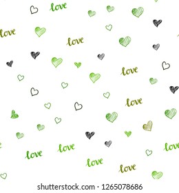 Light Green vector seamless backdrop with phrase LOVE, hearts. Illustration with phrase LOVE, hearts for valentine's day. Template for business cards, websites.