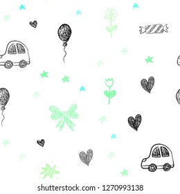Light Green vector seamless backdrop with holiday gifts. Colorful illustration with a toy car, heart, baloon, tulip, candy, ball. Template for new year postcards.