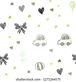 Light Green vector seamless backdrop with holiday gifts. Design in xmas style with a toy car, heart, baloon, tulip, candy, ball. Template for new year postcards.