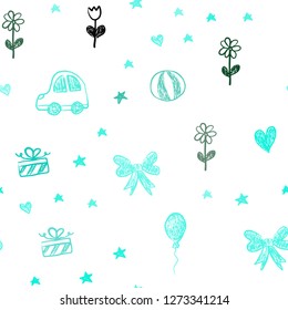 Light Green vector seamless backdrop with holiday gifts. Design in xmas style with a toy car, heart, baloon, tulip, candy, ball. Template for new year postcards.