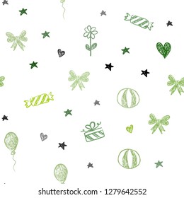 Light Green vector seamless backdrop in holiday style. Illustration with a gradientheart, baloon, candy, gift, star, ribbon. Design for holiday adverts.