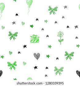 Light Green vector seamless backdrop in holiday style. Illustration with a colorfulheart, baloon, candy, gift, star, ribbon. Design for colorful commercials.
