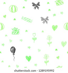 Light Green vector seamless backdrop in holiday style. Illustration with a colorfulheart, baloon, candy, gift, star, ribbon. Pattern for carnival, festival ads.
