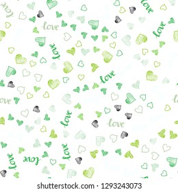 Light Green vector seamless backdrop with phrase LOVE YOU, hearts. Design in doodle style with text LOVE YOU, hearts. Pattern for design of fabric, wallpapers.