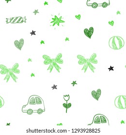 Light Green vector seamless backdrop with holiday gifts. Colorful illustration with a toy car, heart, baloon, tulip, candy, ball. Pattern for birthday gifts.