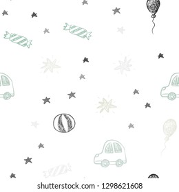 Light Green vector seamless backdrop in holiday style. Colorful illustration with a toy car, baloon, candy, star, ball. Pattern for birthday gifts.