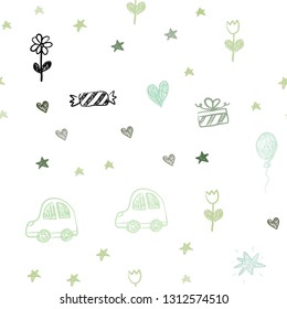 Light Green vector seamless backdrop with holiday gifts. Shining illustration with a toy car, heart, baloon, tulip, candy, ball. Pattern for carnival, festival ads.