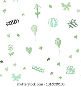 Light Green vector seamless backdrop in holiday style. Shining illustration with aheart, baloon, candy, gift, star, ribbon. Design for colorful commercials.