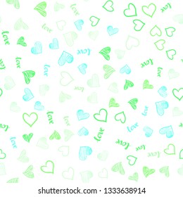 Light Green vector seamless backdrop with phrase LOVE YOU, hearts. Design in doodle style with text LOVE YOU, hearts. Design for wallpaper, fabric makers.