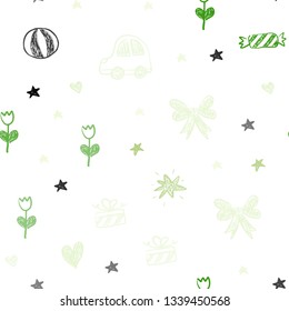 Light Green vector seamless backdrop with holiday gifts. Design in xmas style with a toy car, heart, baloon, tulip, candy, ball. Pattern for birthday gifts.