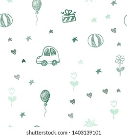 Light Green vector seamless backdrop with holiday gifts. Abstract illustration with a toy car, heart, baloon, tulip, candy, ball. Design for colorful commercials.